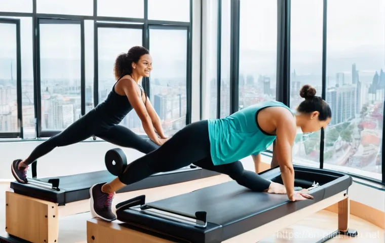 필라테스 강사 국제 자격증 - **A highly professional and internationally certified Pilates instructor, a poised woman in her late...