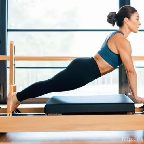 필라테스 강사와 고급 필라테스 동작 - **Prompt:** A fit and focused woman in her late 20s to early 30s, wearing a modest, form-fitting ath...