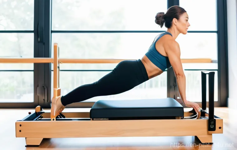 필라테스 강사와 고급 필라테스 동작 - **Prompt:** A fit and focused woman in her late 20s to early 30s, wearing a modest, form-fitting ath...