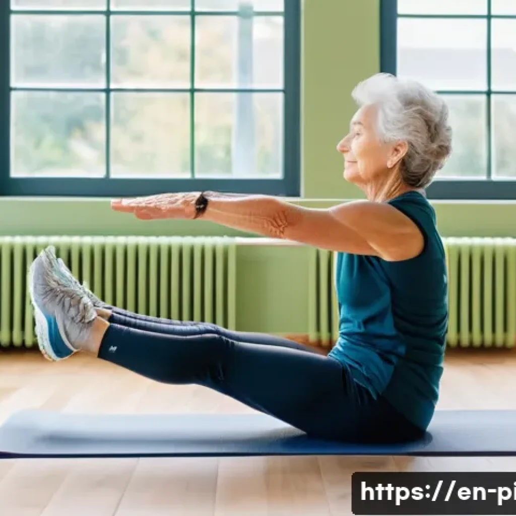 필라테스 강사와 노인 필라테스 - An elderly woman practicing Pilates in a bright, airy studio with large windows and wooden floors, w...