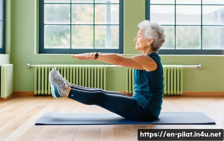 필라테스 강사와 노인 필라테스 - An elderly woman practicing Pilates in a bright, airy studio with large windows and wooden floors, w...