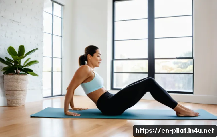 필라테스 강사와 스트레칭 요령 - A serene Pilates studio bathed in soft natural light, featuring a diverse adult woman in comfortable...