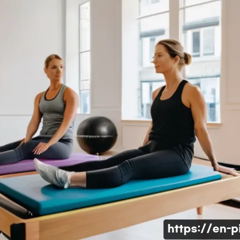 필라테스 강사 취업 성공 팁 - A bright, modern Pilates studio interior filled with natural light, featuring a diverse group of adu...