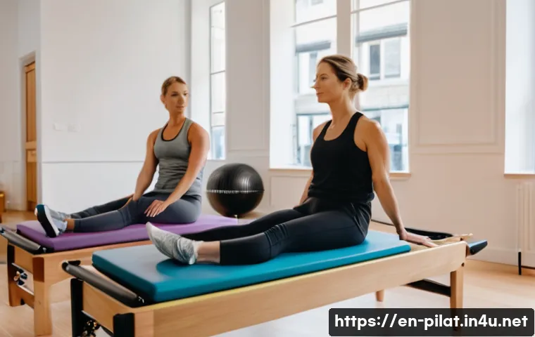 필라테스 강사 취업 성공 팁 - A bright, modern Pilates studio interior filled with natural light, featuring a diverse group of adu...