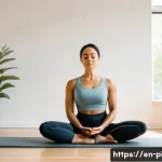 Home 21 필라테스 강사 업무 스트레스 관리 - A serene Pilates instructor taking a mindful breath break between back-to-back classes, sitting cros...