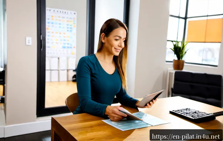 필라테스 강사 연봉 협상 팁 - Photorealistic career negotiation scene in a bright modern Pilates studio office, confident female P...
