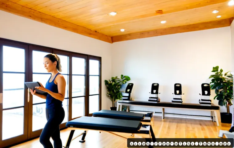 필라테스 강사 스튜디오 운영 - Photorealistic boutique Pilates studio owner, a confident female instructor in modest fitted activew...